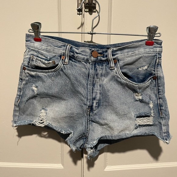 BlankNYC High Rise Distressed Blue Denim Shorts - Picture 1 of 5